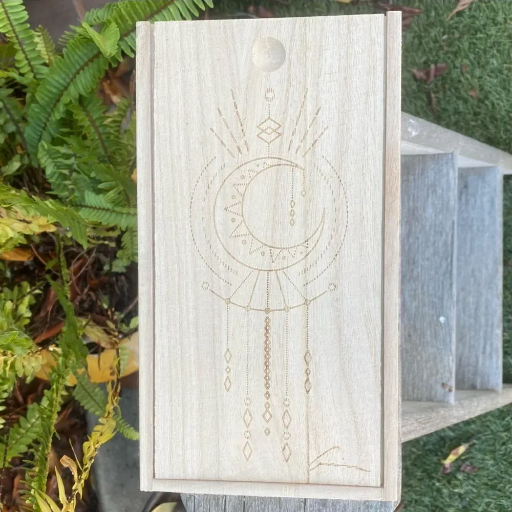 New Aviva Stanoff Wood Crystal Astrological Box Slide Top Crecent Moon Astrology